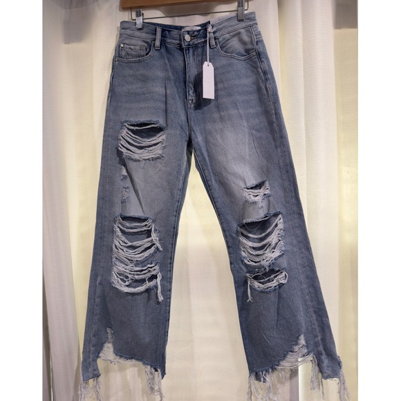Petra 153 Denim - Petra 153 Womens Distressed Straight Leg Jeans Light Wash Raw Hem Size 5/26 NWT